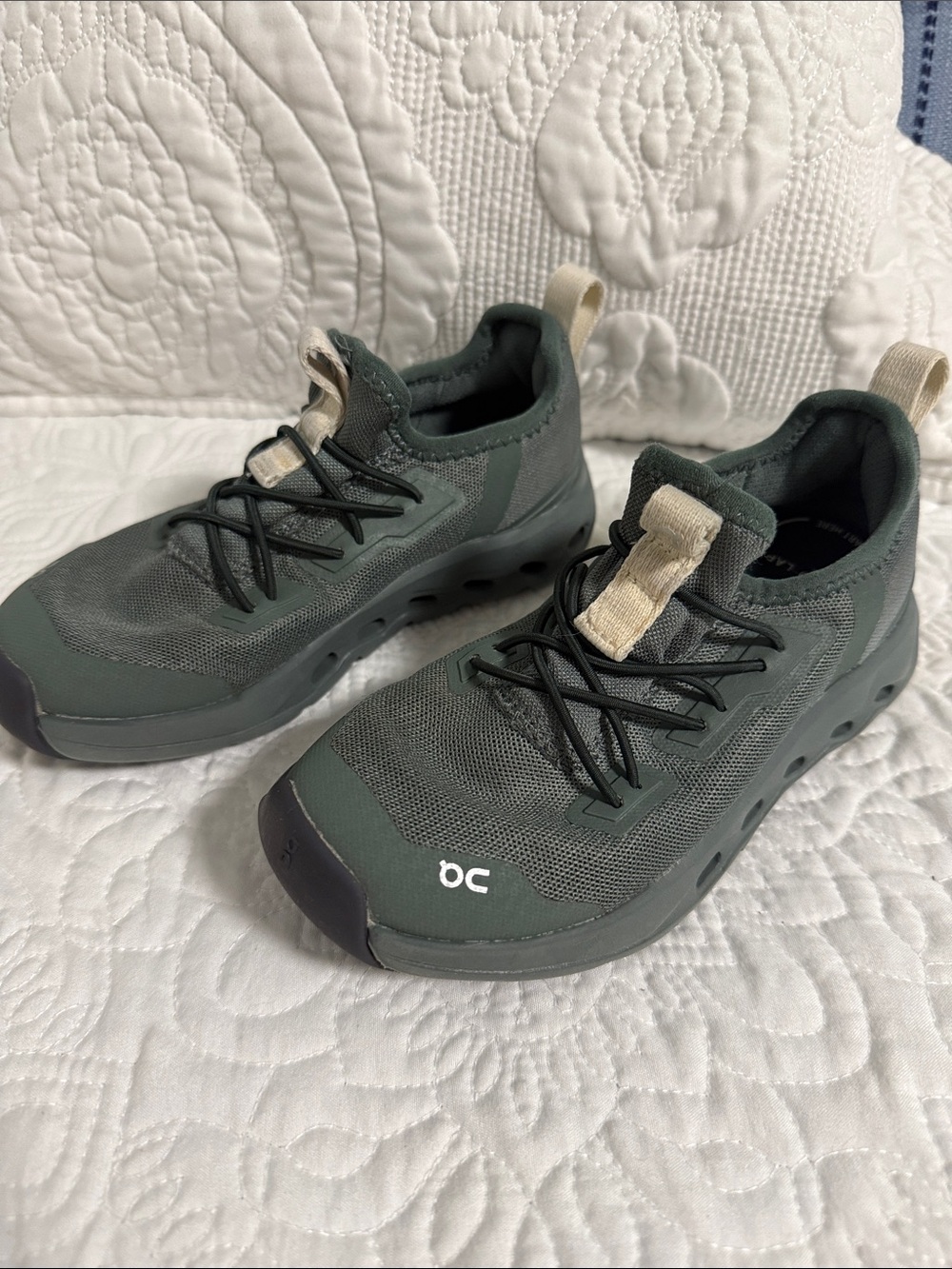 On Running Kids Olive Green Sneakers with Cream Pull Tabs